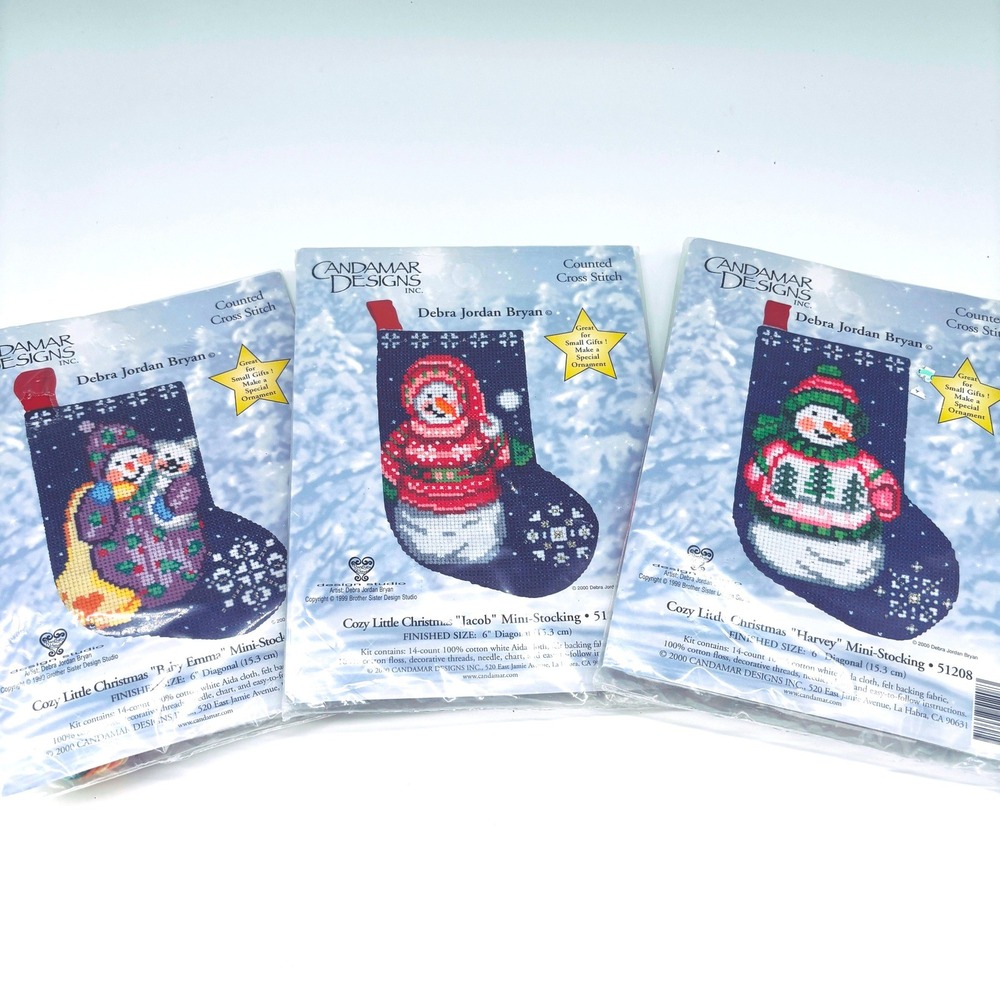 Vtg Set of 3 Candamar Mini Christmas Stockings 6" Snow Babies Cross Stitch Kits